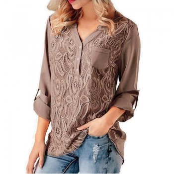 Rogi Summer Lace Chiffon Blouse Women Long Sleeve V-Neck Casual Shirt Tops Elegant Office Ladies Blouses Blusa Mujer Plus Size
