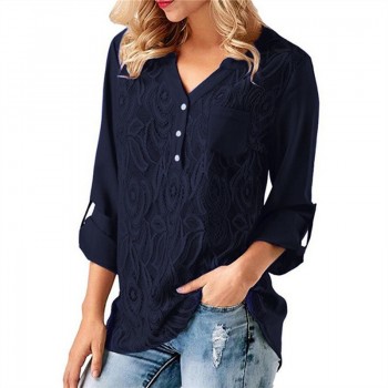 Rogi Summer Lace Chiffon Blouse Women Long Sleeve V-Neck Casual Shirt Tops Elegant Office Ladies Blouses Blusa Mujer Plus Size