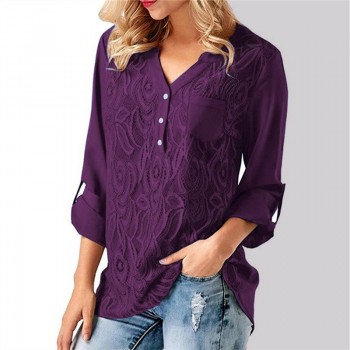 Rogi Summer Lace Chiffon Blouse Women Long Sleeve V-Neck Casual Shirt Tops Elegant Office Ladies Blouses Blusa Mujer Plus Size
