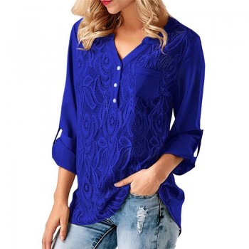 Rogi Summer Lace Chiffon Blouse Women Long Sleeve V-Neck Casual Shirt Tops Elegant Office Ladies Blouses Blusa Mujer Plus Size