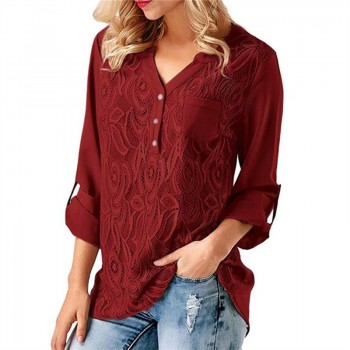 Rogi Summer Lace Chiffon Blouse Women Long Sleeve V-Neck Casual Shirt Tops Elegant Office Ladies Blouses Blusa Mujer Plus Size