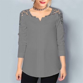 Rogi Summer Lace Chiffon Blouse Women Long Sleeve V-Neck Casual Shirt Tops Elegant Office Ladies Blouses Blusa Mujer Plus Size