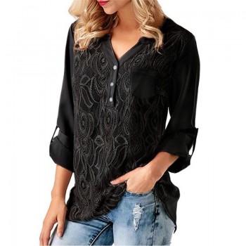 Rogi Summer Lace Chiffon Blouse Women Long Sleeve V-Neck Casual Shirt Tops Elegant Office Ladies Blouses Blusa Mujer Plus Size