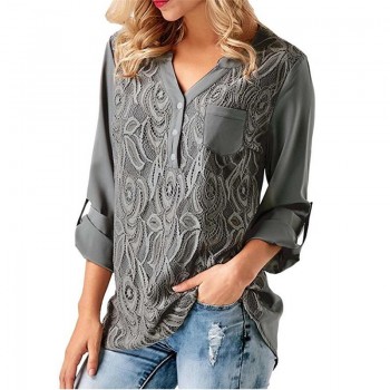 Rogi Summer Lace Chiffon Blouse Women Long Sleeve V-Neck Casual Shirt Tops Elegant Office Ladies Blouses Blusa Mujer Plus Size