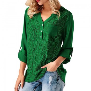 Rogi Summer Lace Chiffon Blouse Women Long Sleeve V-Neck Casual Shirt Tops Elegant Office Ladies Blouses Blusa Mujer Plus Size