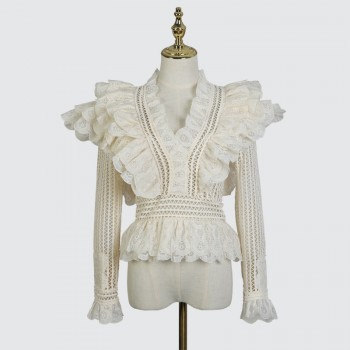 [MENKAY] 2018 Autumn ZIM Hollow Out V Neck Ruffles Spliced Tops Women Shirt New