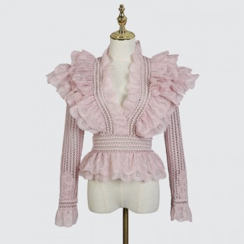 [MENKAY] 2018 Autumn ZIM Hollow Out V Neck Ruffles Spliced Tops Women Shirt New