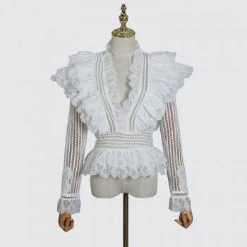 [MENKAY] 2018 Autumn ZIM Hollow Out V Neck Ruffles Spliced Tops Women Shirt New