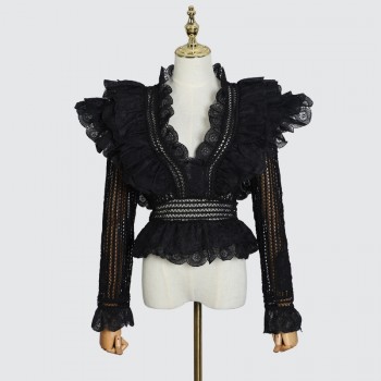 [MENKAY] 2018 Autumn ZIM Hollow Out V Neck Ruffles Spliced Tops Women Shirt New
