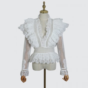 [MENKAY] 2018 Autumn ZIM Hollow Out V Neck Ruffles Spliced Tops Women Shirt New