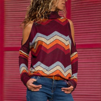 ELSVIOS 3XL Sexy off shoulder Women print blouse shirt Elegant Autumn long sleeve Knitted Pullover Blusas 21 colors style Jumper