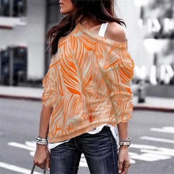 ELSVIOS 3XL Sexy off shoulder Women print blouse shirt Elegant Autumn long sleeve Knitted Pullover Blusas 21 colors style Jumper