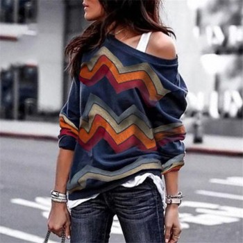ELSVIOS 3XL Sexy off shoulder Women print blouse shirt Elegant Autumn long sleeve Knitted Pullover Blusas 21 colors style Jumper