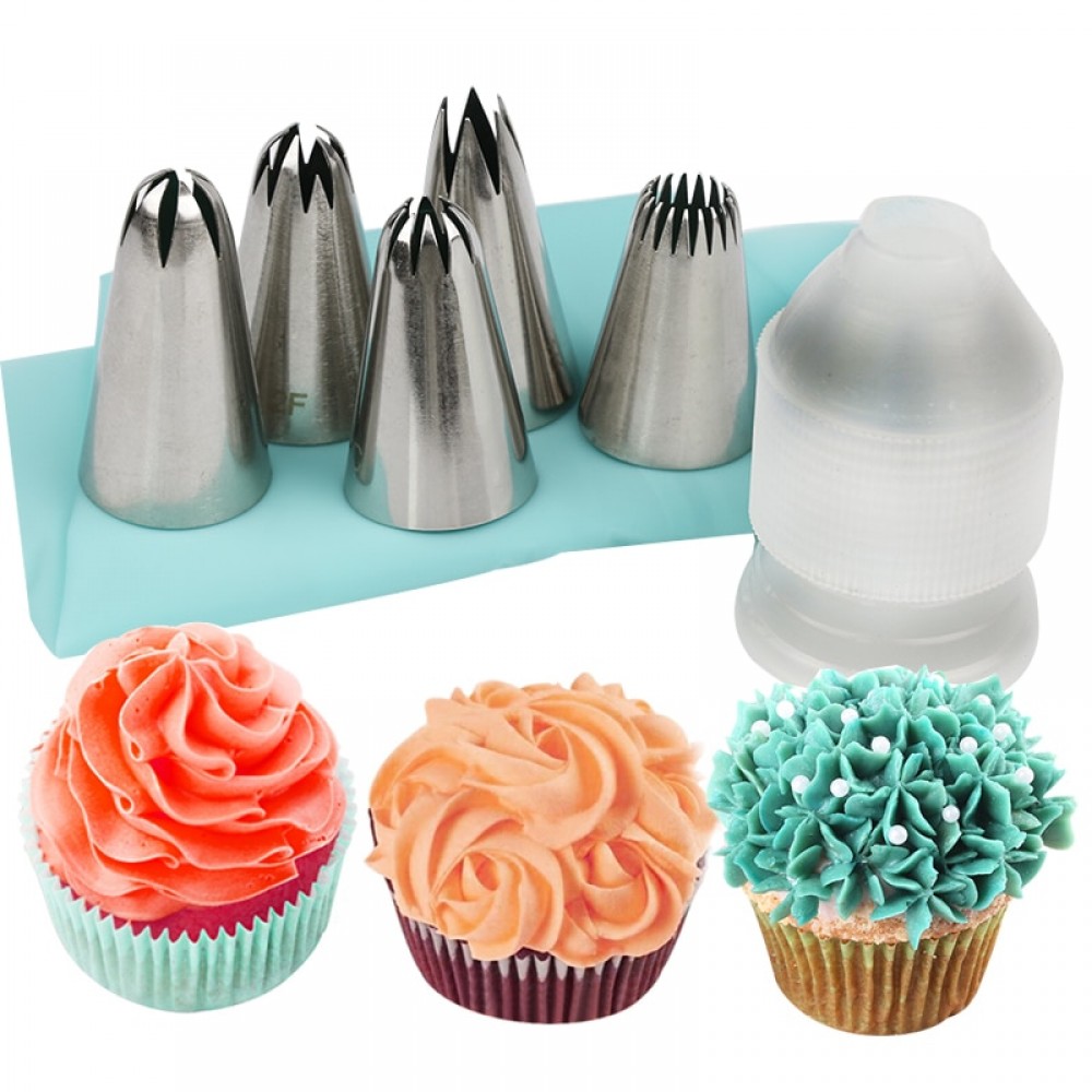 7pcs set  2D /2F/1M/2C/195 rose flower russian piping nozzlese icing tips with coupler and silicone pastry bag set