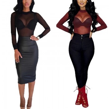 2018 Sexy Women Blouses See Through Transparent Mesh Stand Neck Long Sleeve Sheer Blouse Shirt Ladies Tops Tee Plus Size