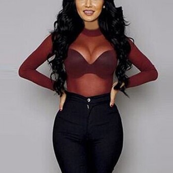 2018 Sexy Women Blouses See Through Transparent Mesh Stand Neck Long Sleeve Sheer Blouse Shirt Ladies Tops Tee Plus Size