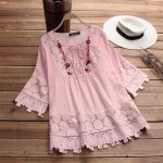 2018 Autumn Plus Size Women Lace Crochet Blouse Solid Casual O Necke Top Summer Loose Patchwork Lace-up Shirt Blusas Work Shirts