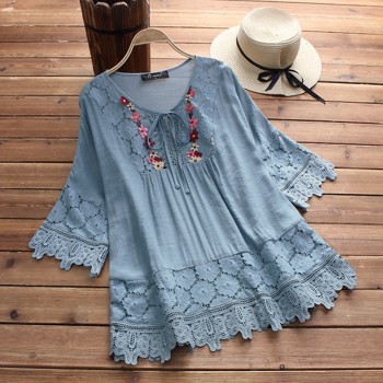 2018 Autumn Plus Size Women Lace Crochet Blouse Solid Casual O Necke Top Summer Loose Patchwork Lace-up Shirt Blusas Work Shirts