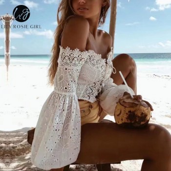 Lily Rosie Girl 2019 White Lace Sexy Blouse Off Shoulder Beach Summer Crop Top Hollow Out Female Blusa  2018