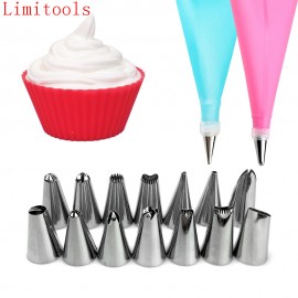 16PCS/SET Silicone DIY Icing Piping Cream Pastry Bags + 14PCS Nozzle Tips Set Cake Decorating Tools Mould + Coupler Converter