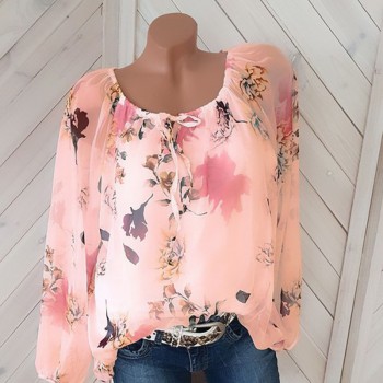 Plus Size Chiffon Shirt Casual Tops 2018 New Full Sleeve O-Neck Print Autumn Winter Blouse Women Fashion Retro Loose Blusas 5XL