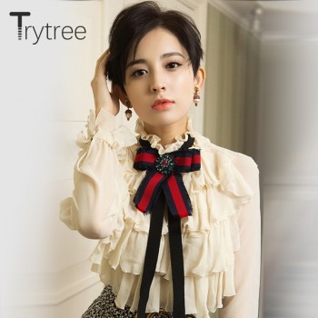 Ttytree Spring Summer Blouses Casual Apricot shirt Women Office Lady Long Sleeve Stand Collar Bow Ruffles Tops Shirts