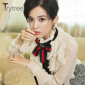 Ttytree Spring Summer Blouses Casual Apricot shirt Women Office Lady Long Sleeve Stand Collar Bow Ruffles Tops Shirts