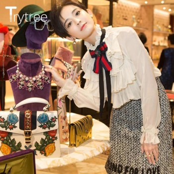 Ttytree Spring Summer Blouses Casual Apricot shirt Women Office Lady Long Sleeve Stand Collar Bow Ruffles Tops Shirts