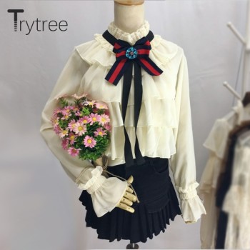 Ttytree Spring Summer Blouses Casual Apricot shirt Women Office Lady Long Sleeve Stand Collar Bow Ruffles Tops Shirts