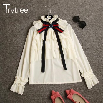 Ttytree Spring Summer Blouses Casual Apricot shirt Women Office Lady Long Sleeve Stand Collar Bow Ruffles Tops Shirts