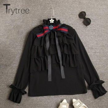 Ttytree Spring Summer Blouses Casual Apricot shirt Women Office Lady Long Sleeve Stand Collar Bow Ruffles Tops Shirts