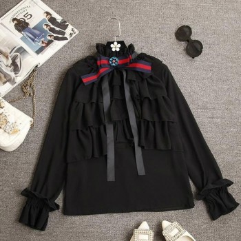 Ttytree Spring Summer Blouses Casual Apricot shirt Women Office Lady Long Sleeve Stand Collar Bow Ruffles Tops Shirts