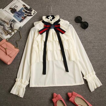 Ttytree Spring Summer Blouses Casual Apricot shirt Women Office Lady Long Sleeve Stand Collar Bow Ruffles Tops Shirts