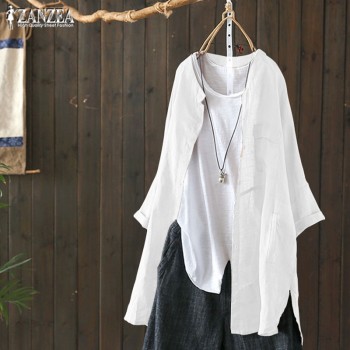2019 ZANZEA Women Button Down Shirt Spring Linen Top Female Long Sleeve Blouse Vintage Patchwork Casual Cardigans Plus Size 5XL