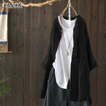2019 ZANZEA Women Button Down Shirt Spring Linen Top Female Long Sleeve Blouse Vintage Patchwork Casual Cardigans Plus Size 5XL