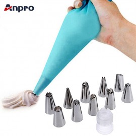 Anpro 12 Pcs/Set Silicone Icing Piping Cream Pastry Bag Stainless Steel Nozzle Pastry Tips Converter DIY Cake Decorating Tools