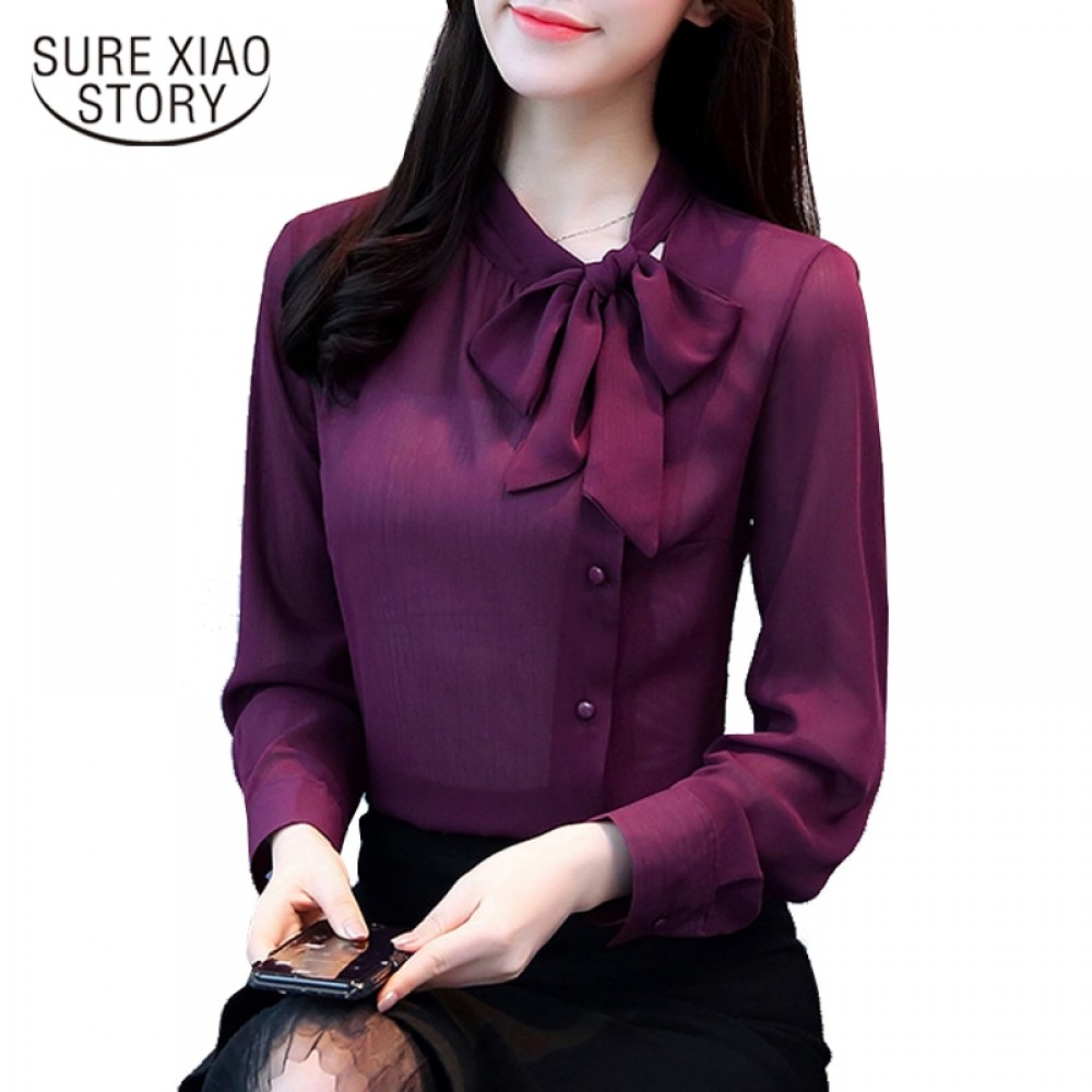 2018 new bow neck womens clothing spring long-sleeved chiffon women blouse shirt solid purple formal women tops blusas D304 30