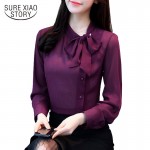 2018 new bow neck womens clothing spring long-sleeved chiffon women blouse shirt solid purple formal women tops blusas D304 30