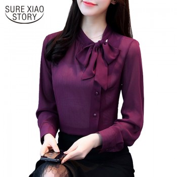 2018 new bow neck womens clothing spring long-sleeved chiffon women blouse shirt solid purple formal women tops blusas D304 30