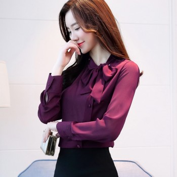 2018 new bow neck womens clothing spring long-sleeved chiffon women blouse shirt solid purple formal women tops blusas D304 30