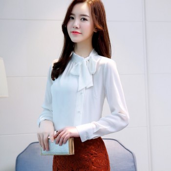 2018 new bow neck womens clothing spring long-sleeved chiffon women blouse shirt solid purple formal women tops blusas D304 30