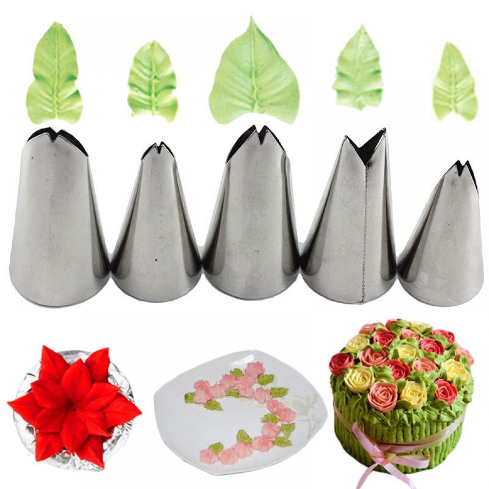 Mujiang 5 Pcs Set Leaves Nozzles Stainless Steel Icing Piping Nozzles Tips Pastry Tips For Cake Decorating Pastry Fondant Tools