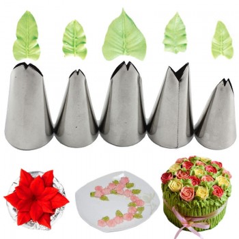 Mujiang 5 Pcs Set Leaves Nozzles Stainless Steel Icing Piping Nozzles Tips Pastry Tips For Cake Decorating Pastry Fondant Tools