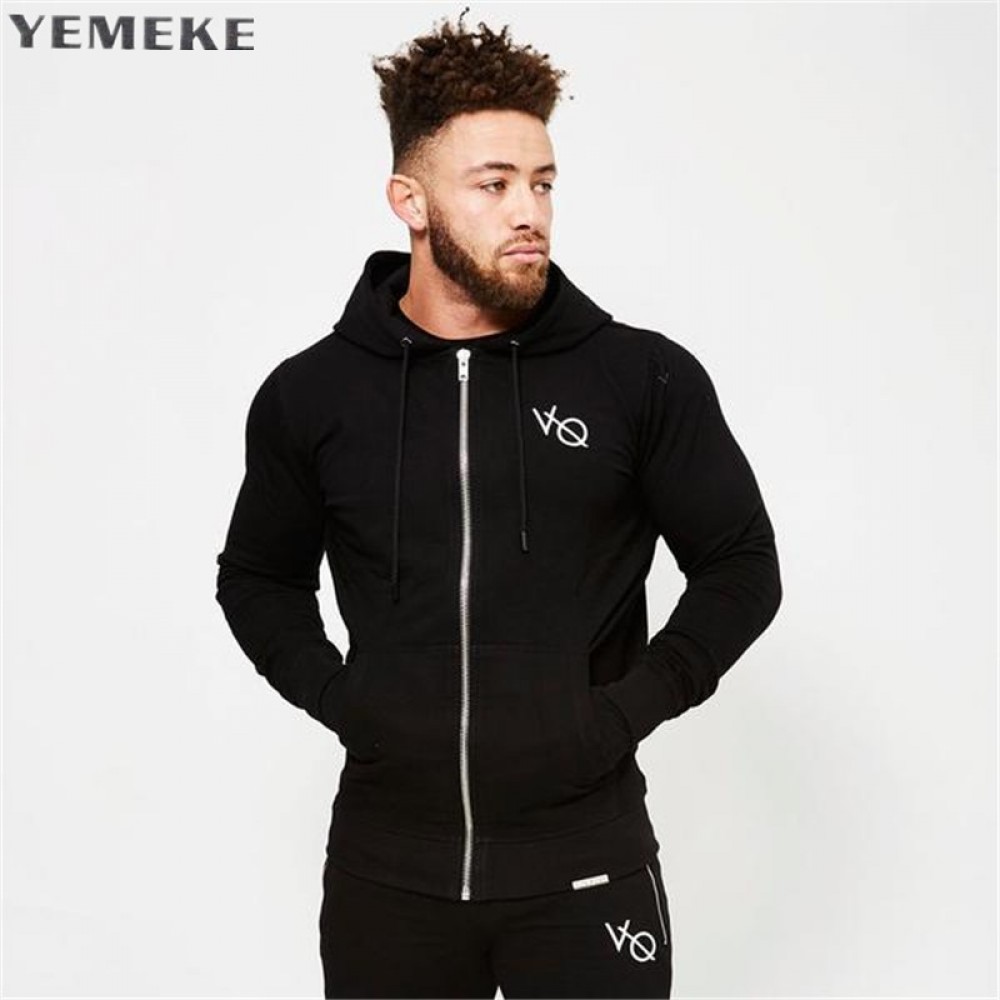 YEMEKE Fall new men cotton sweatshirt gyms Fitness bodybuilding Hoodies Casual fashion Hooded Jacket zipper slim fit Sportswear