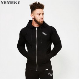 YEMEKE Fall new men cotton sweatshirt gyms Fitness bodybuilding Hoodies Casual fashion Hooded Jacket zipper slim fit Sportswear