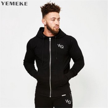 YEMEKE Fall new men cotton sweatshirt gyms Fitness bodybuilding Hoodies Casual fashion Hooded Jacket zipper slim fit Sportswear