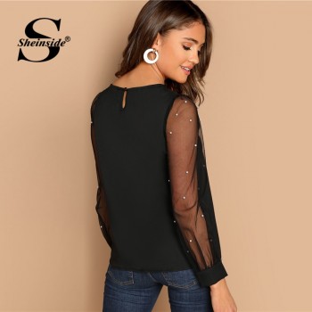 Sheinside Black Women Blouse Pearl Beaded Mesh Sleeve Top Ladies Long Sleeve Shirts Elegant Womens Clothing Tops And Blouses