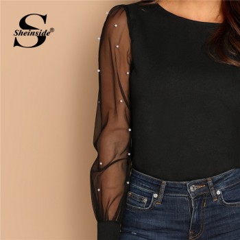 Sheinside Black Women Blouse Pearl Beaded Mesh Sleeve Top Ladies Long Sleeve Shirts Elegant Womens Clothing Tops And Blouses