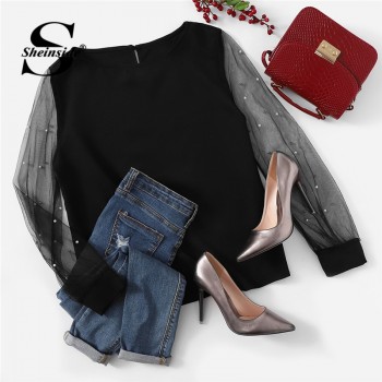 Sheinside Black Women Blouse Pearl Beaded Mesh Sleeve Top Ladies Long Sleeve Shirts Elegant Womens Clothing Tops And Blouses