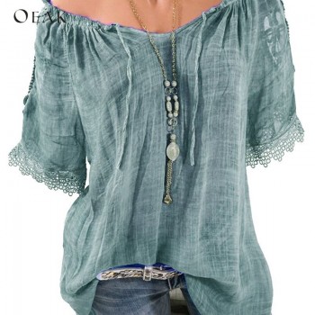 OEAK 2018 Casual Off Shoulder Short Sleeve Chiffon Blouses Women Fashion Work OL Shirts Summer Female Blouse Plus Size 5XL Tops